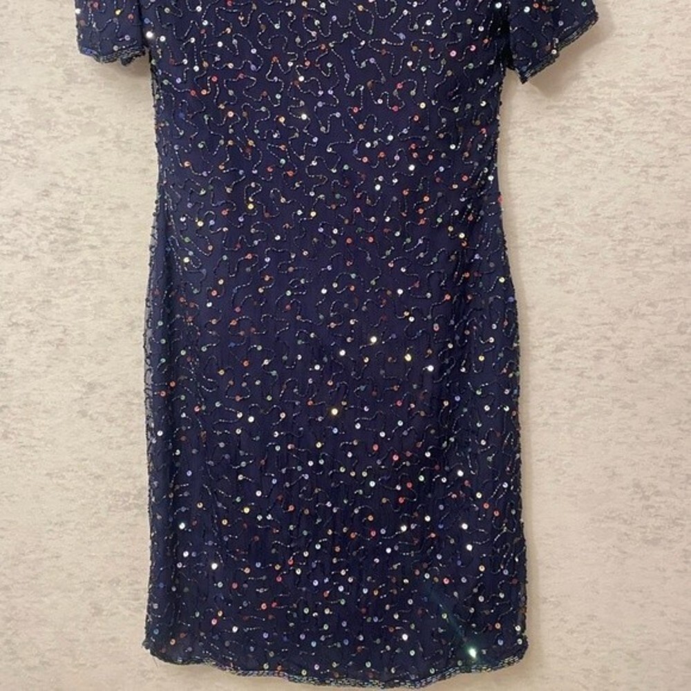 NWT Laurence Kazar Pure Silk Sequin Royal Navy Blue Cocktail Evening Dress SZ M - Picture 11 of 12